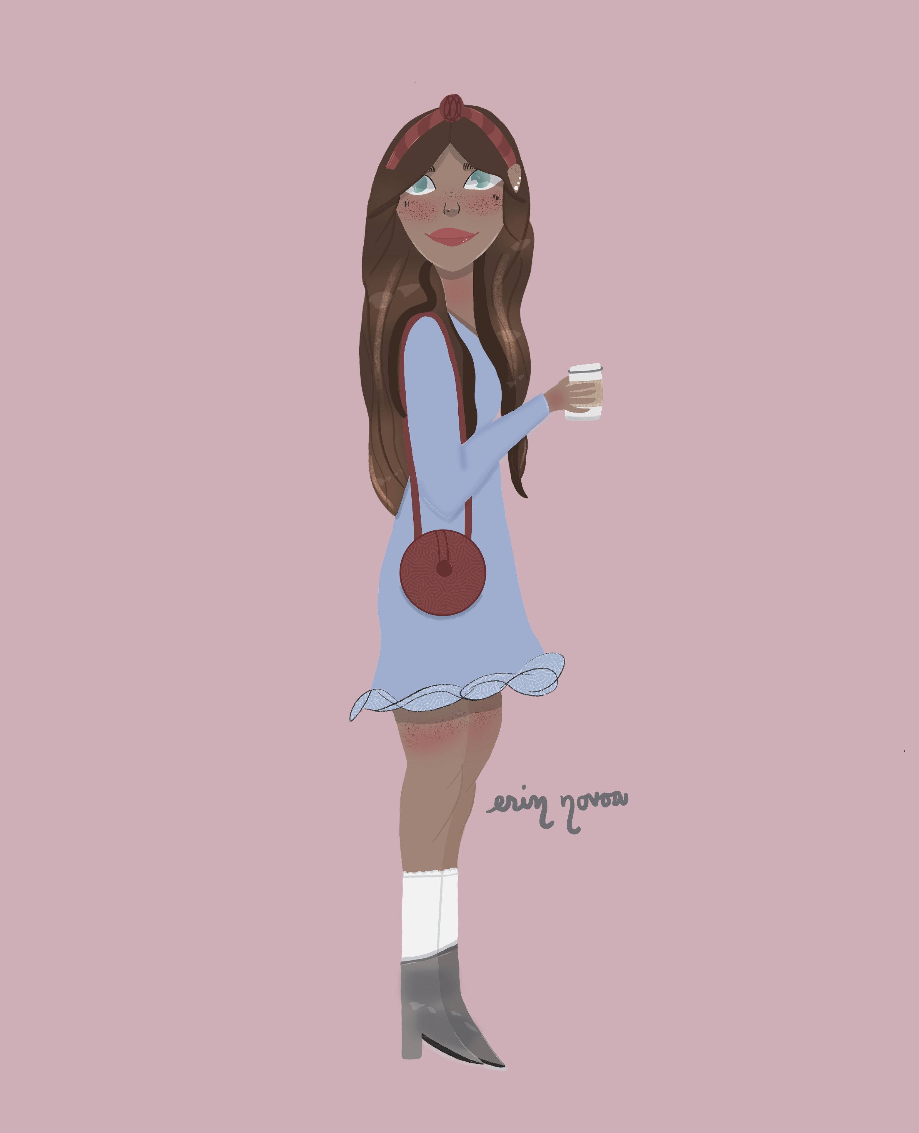 a girl in a blue dress holding a coffee cup in her hand