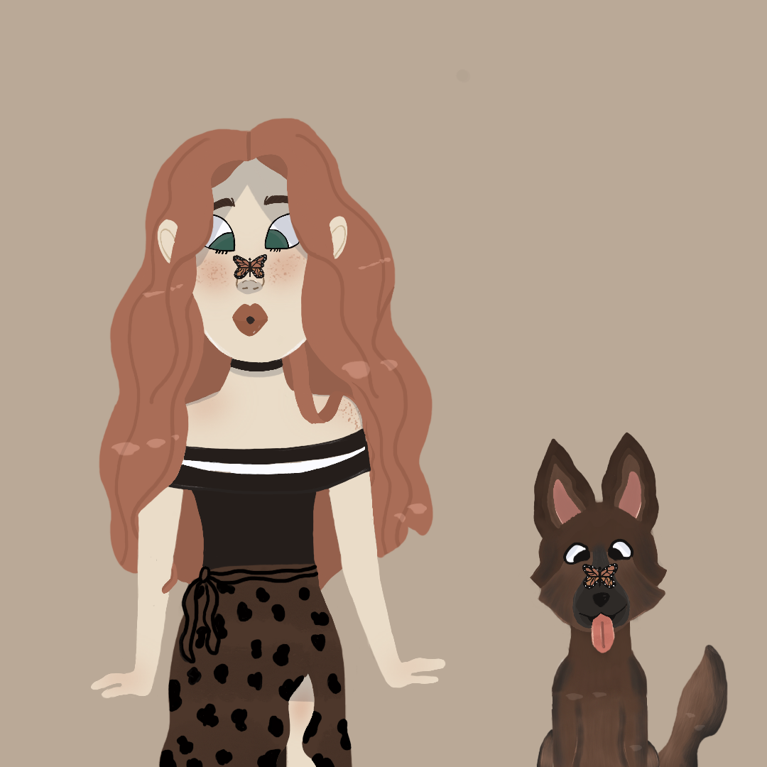 a girl with her dog and both have a butterfly on their nose