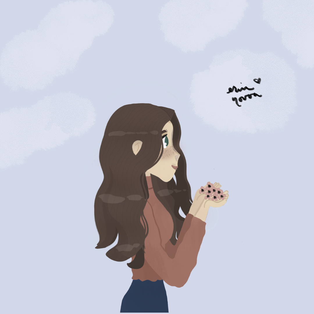 a girl holding flowers in her hands