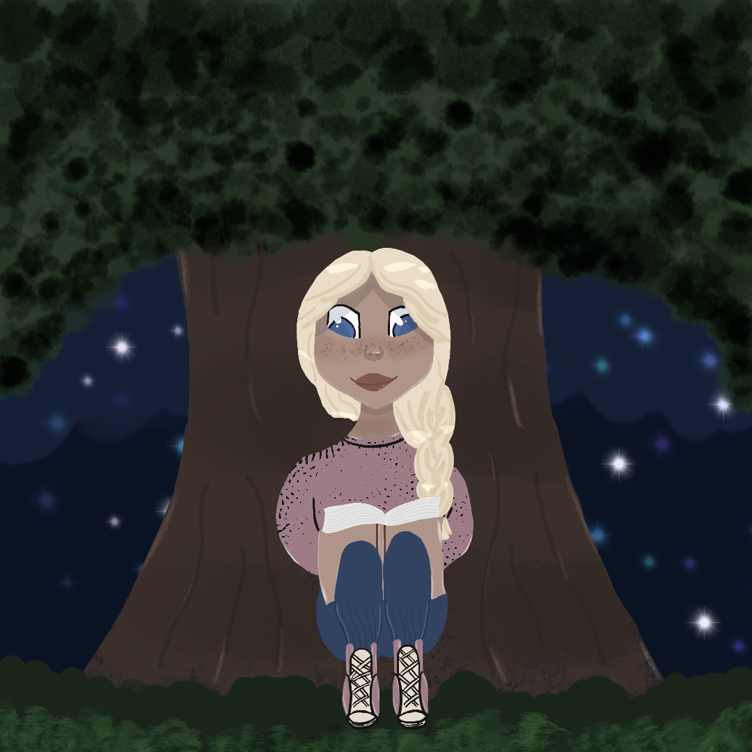 a girl reading a book under a tree