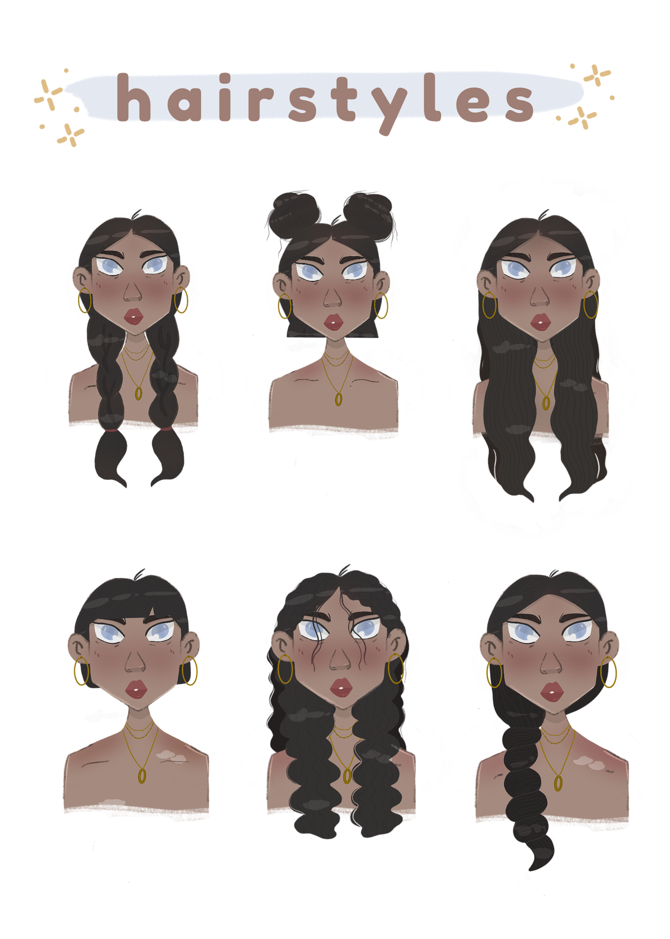 the same girl but displaying six different hairstyles