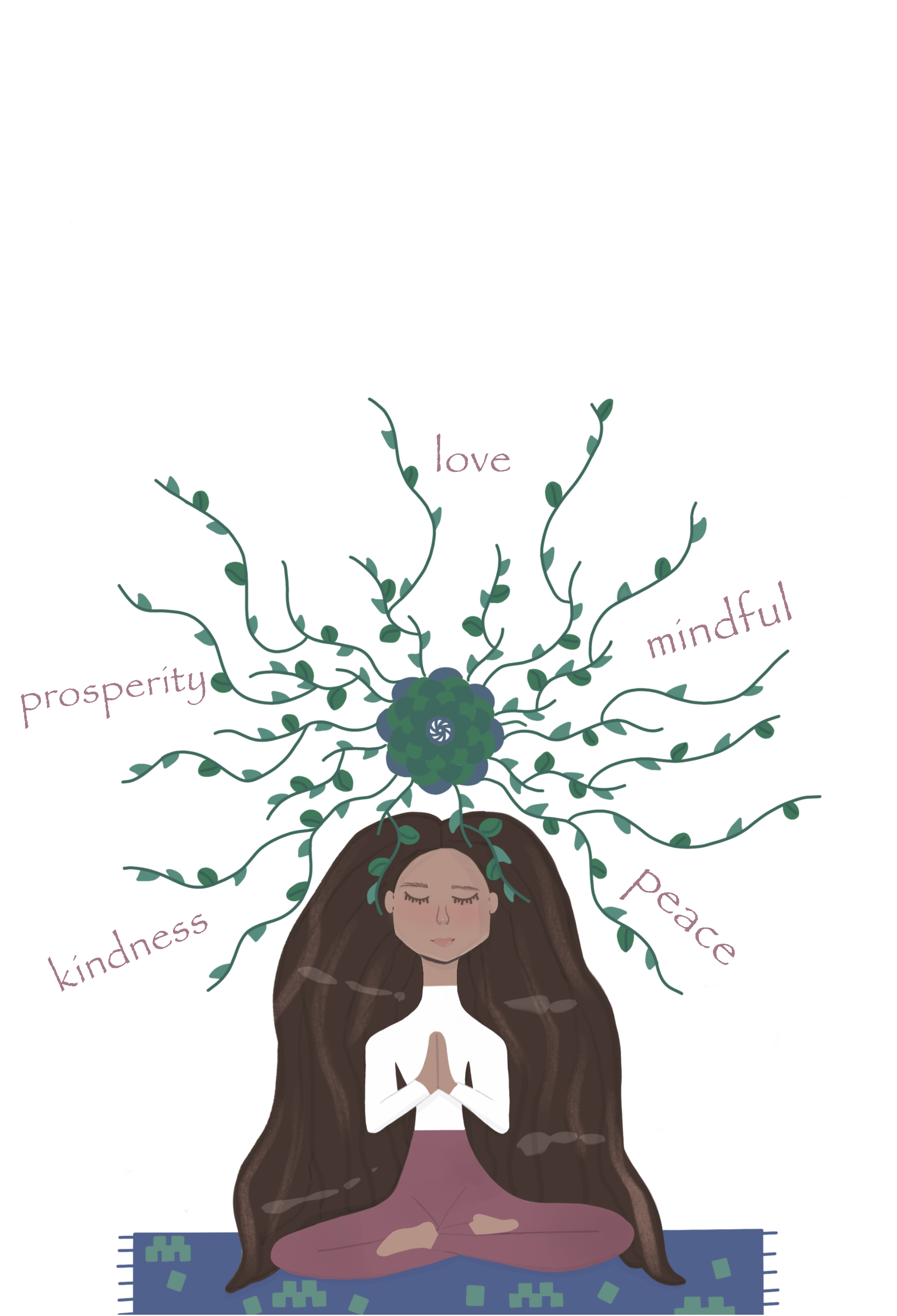 a woman meditating with words floating above her head such as love, kindness, peace, mindful, and prsoperity