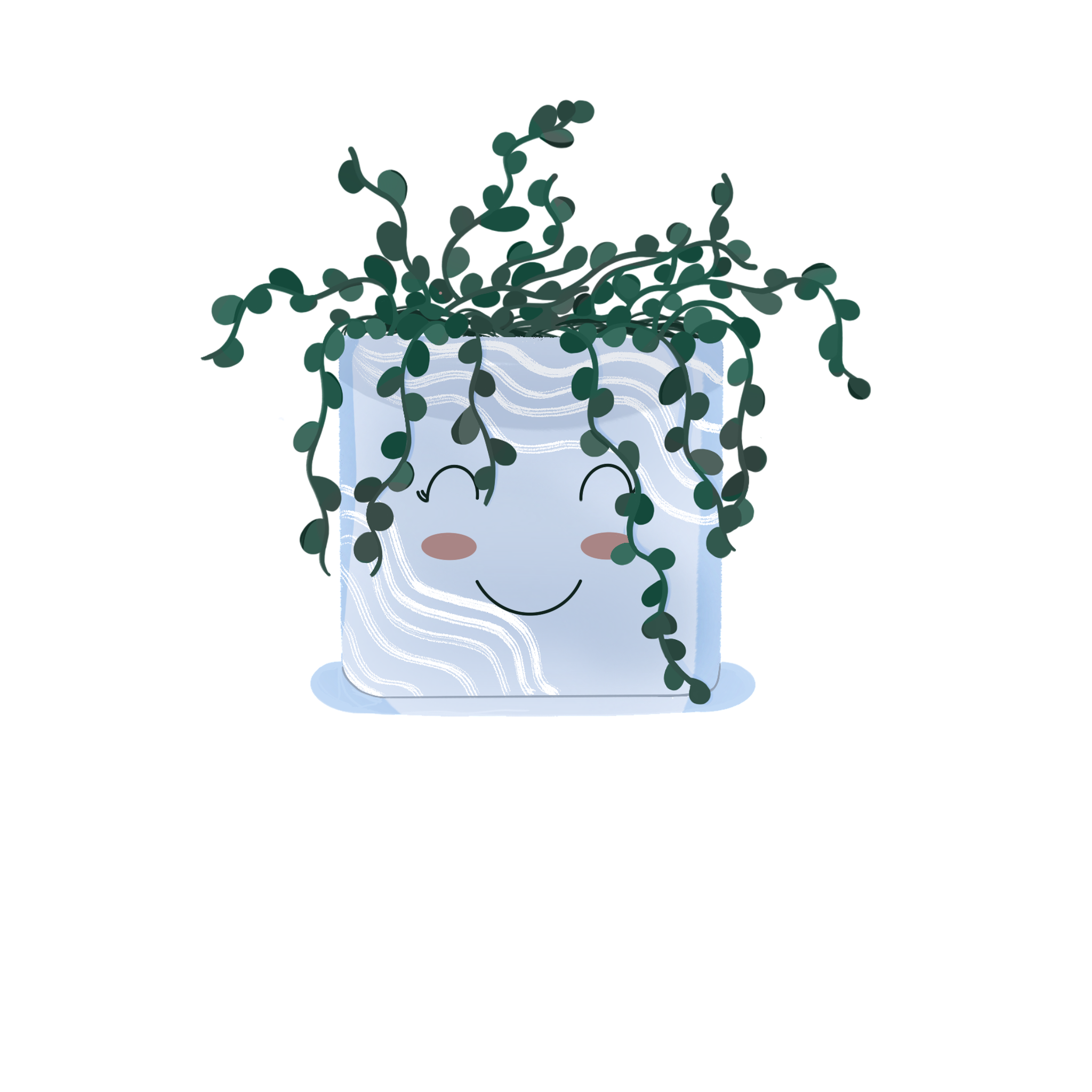 a illustrated blue potted plant that is smiling with a green plant in it