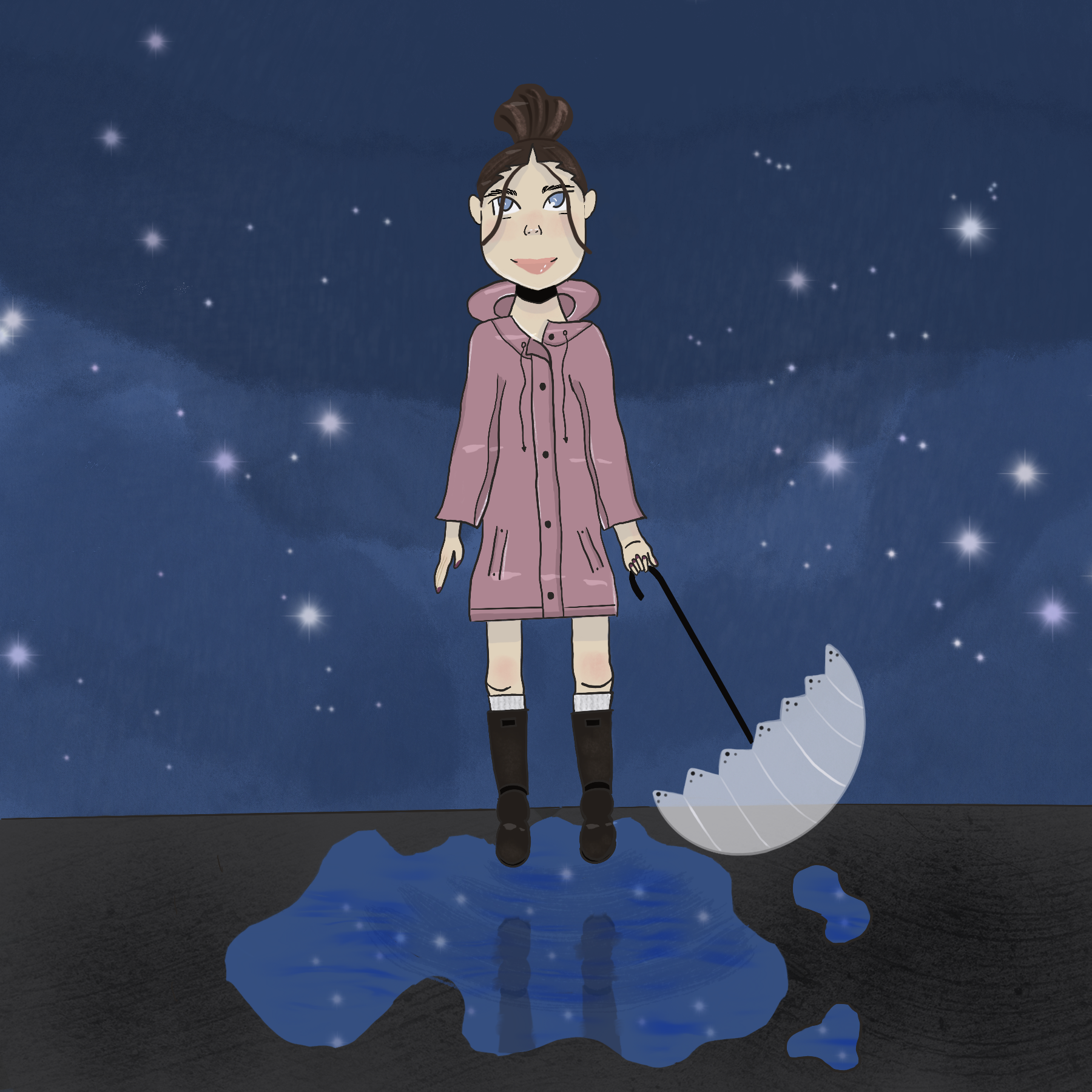 a girl standing in the rain holding her umbrella and wearing a pink rain jacket