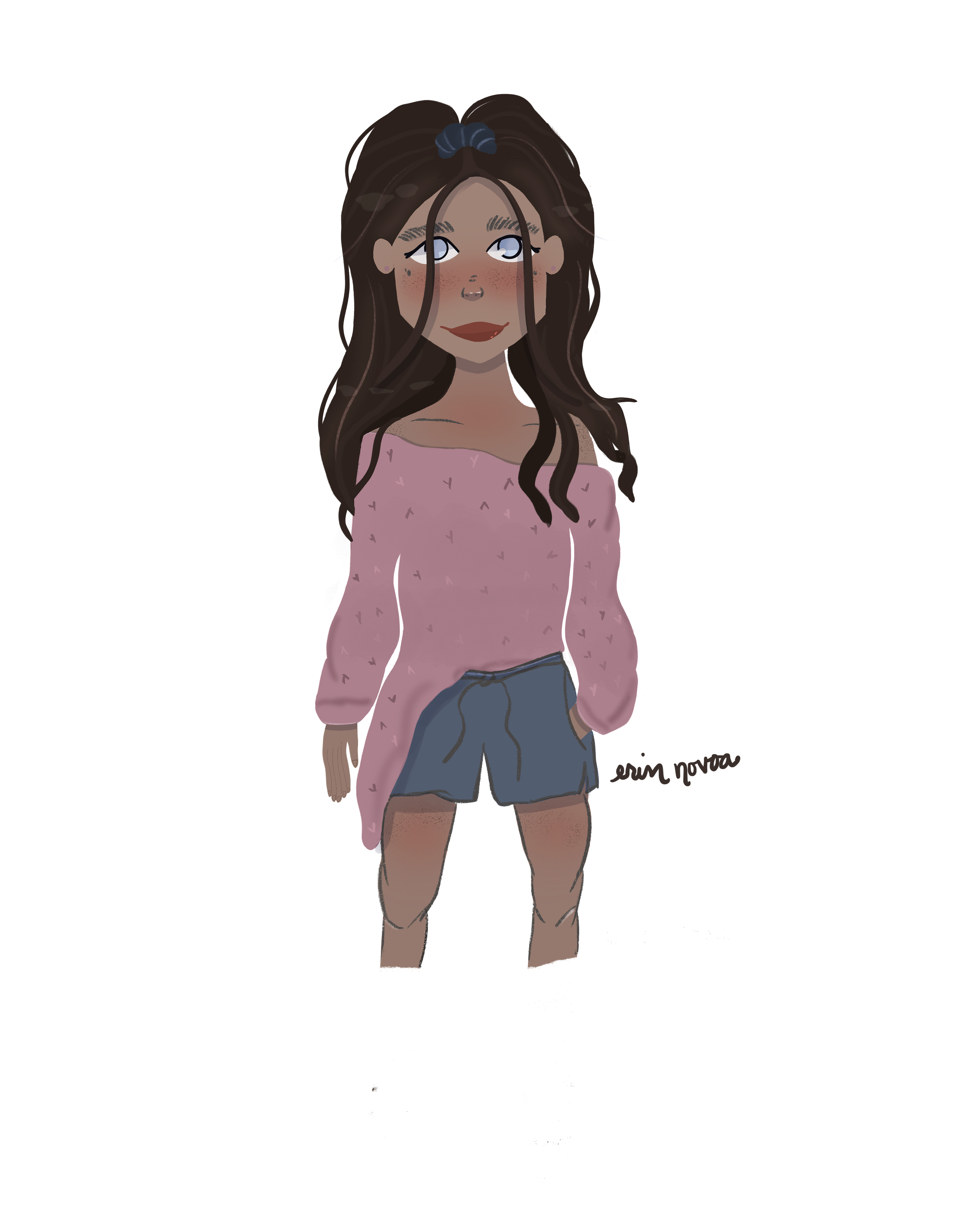 a girl in a pink shirt and blue shorts