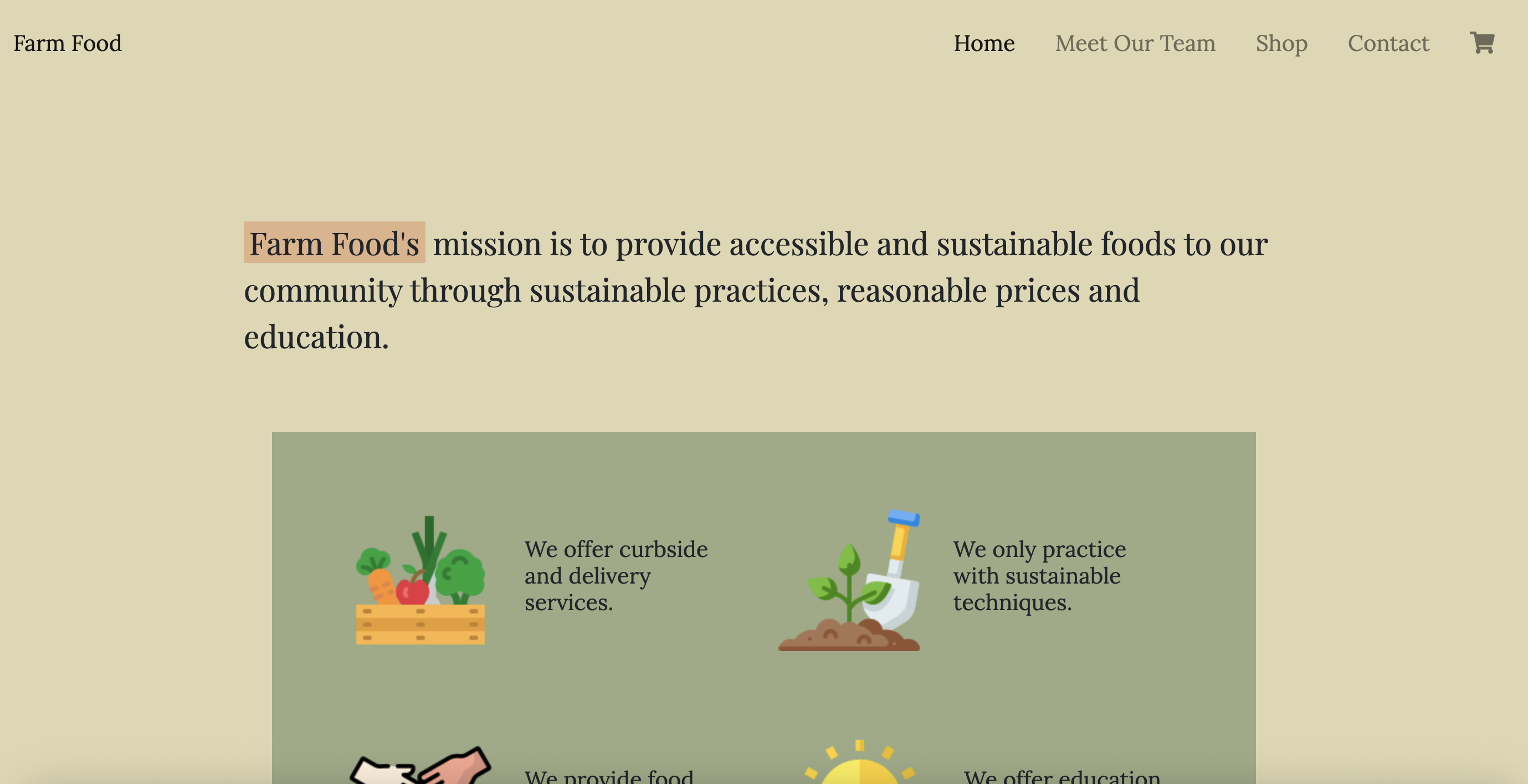 a screenshot of the preview of the Farm Food website project
