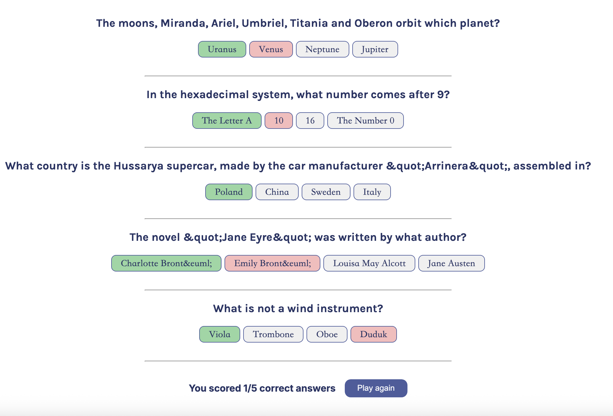 a react application that shows the results of the quiz after the user checks the answers